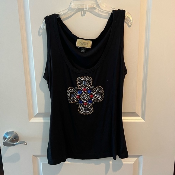 St. John Black Cross Pattern Jeweled Studs Tank Top - Picture 1 of 14